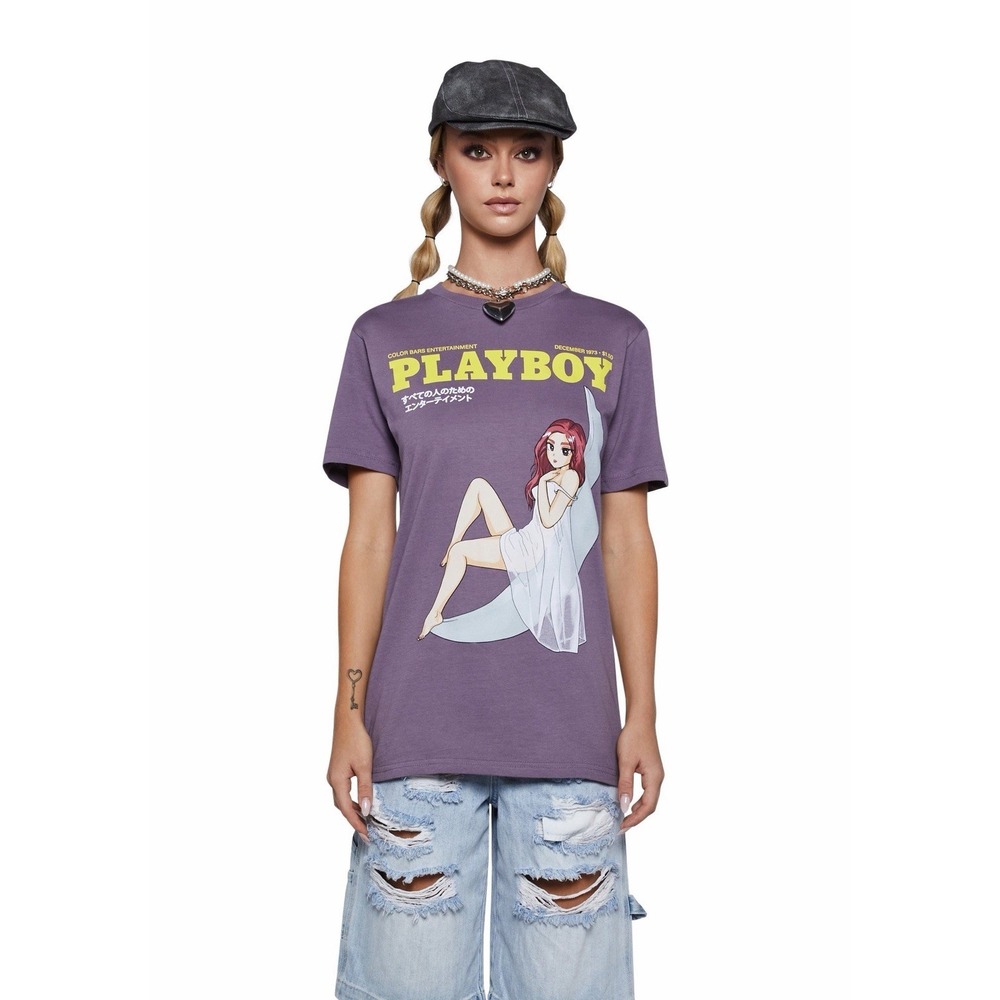 NWOT Dolls Kill Color Bars X Playboy Moonlit Tee Size Large Purple Graphic Print